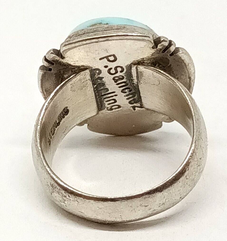 P. Sanchez Native American Signed Turquoise Sterling Silver Ring Size 6, 10.1g
