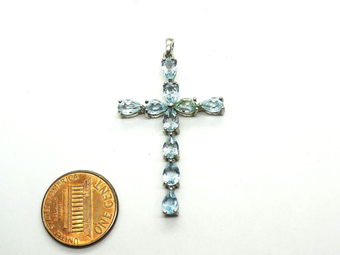 Pear Blue Topaz Cross Pendant Sterling Silver