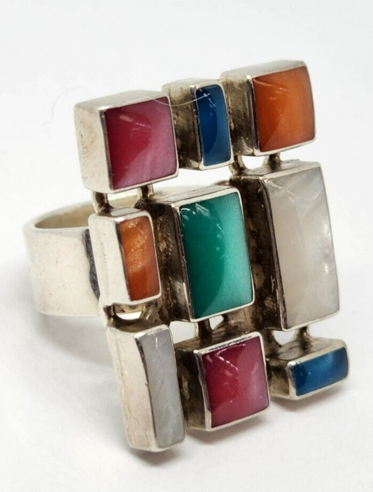 Sterling Silver Multi-Color Gemstone Ring, Size 8