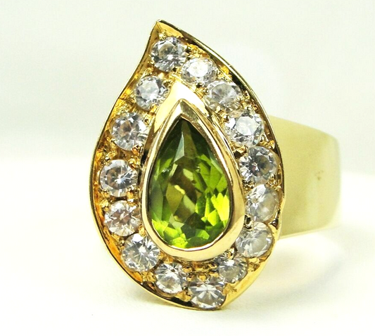 Brilliant Green Pear Cut Peridot & CZ Ring 14k Gold Size 7.5