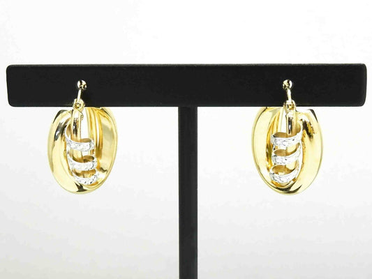 Double Loop & Corkscrew Design Two-Tone Oval Huggie Earrings 14k Gold