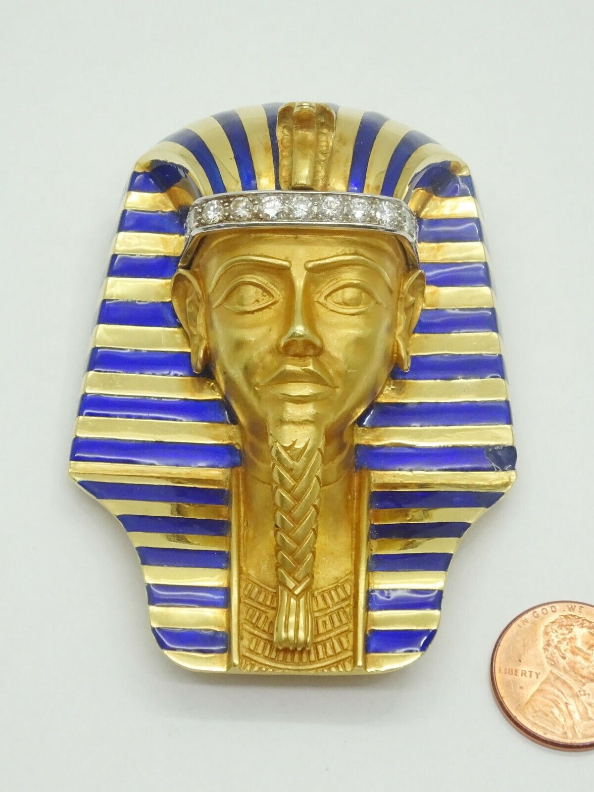 Estate King Tut Egyptian Pharaoh Head Brooch Pin 18k Gold & Enamel 104.7 g