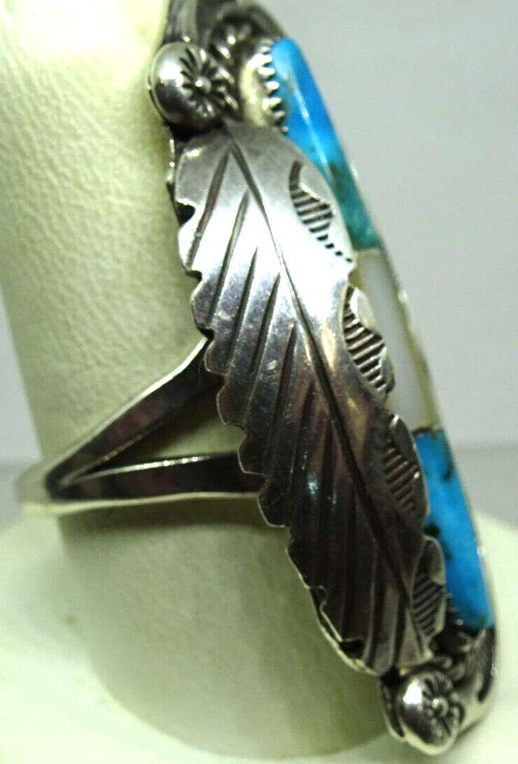 Native American Herbert Pinc Navajo Sterling, Turquoise, MOP Ring, Signed