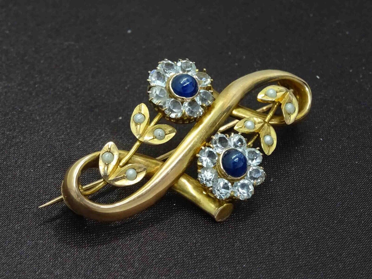 Antique EROV Sapphire & Seed Pearl & Crystal Floral Brooch Pin 14k Gold