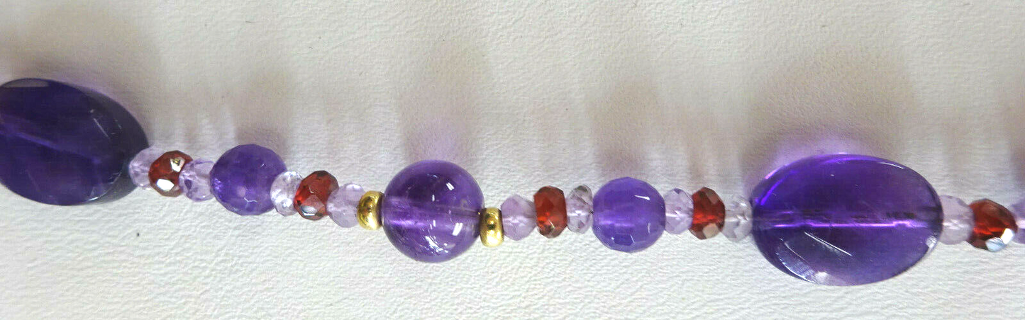 Zoe B. Designer Signed 14K Gold, Amethyst & Garnet Bead Necklace 34", Extra Long