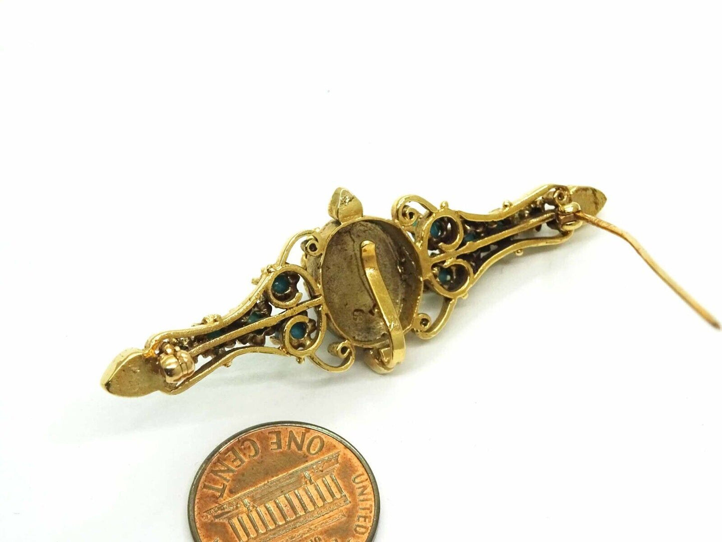 Antique Natural Garnet & Turquoise Watch Holder Brooch Pin 14k Gold Signed SB