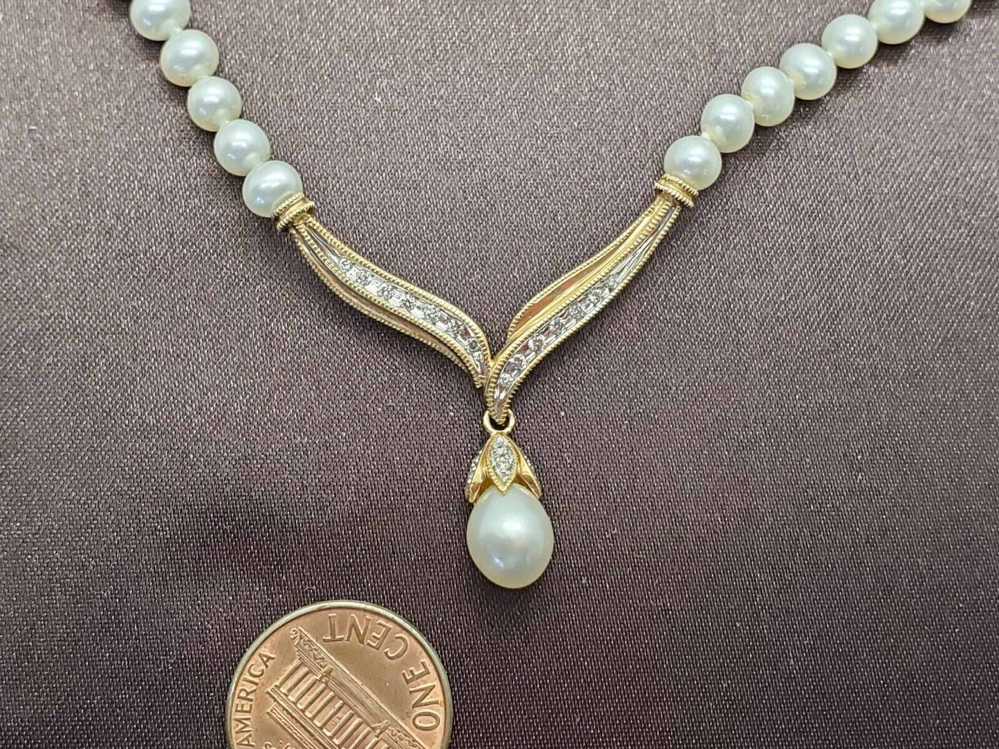 Estate Alwand Vahan Diamond & Pearl Y-Drop Station Bead Necklace 10k Gold 18.5"