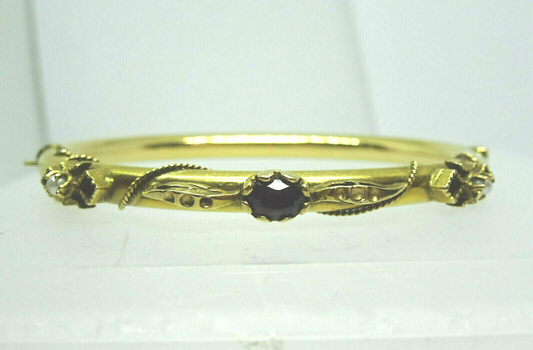 Vintage 14k .50CTW Garnet & Seed Pearl Hinged Bangle Bracelet, Safety Chain