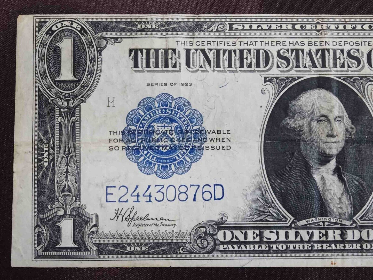 1923 $1 One Dollar Silver Certificate Large Note Serial #E24430876D