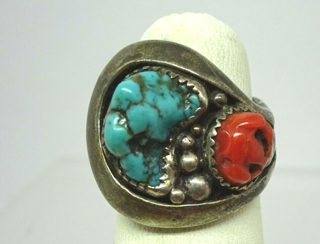 Old Pawn Native American Navajo Sterling Silver Turquoise Coral Nugget Ring, CP