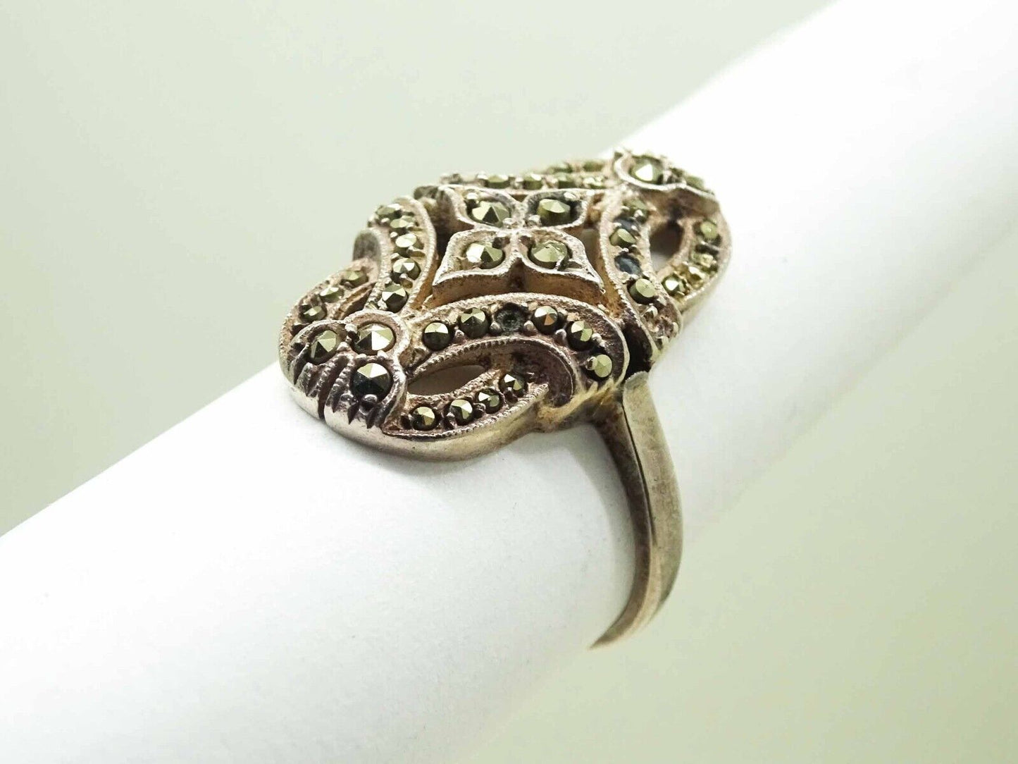 Antique Marcasite Filigree Ring Sterling Silver Size 7.25