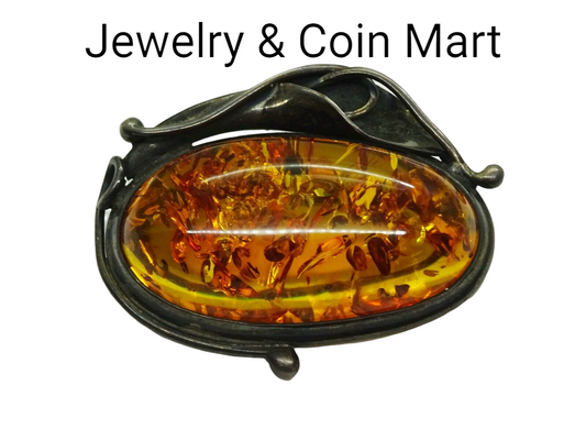 Estate Baltic Amber Pin Brooch Sterling Silver Polish Hallmark