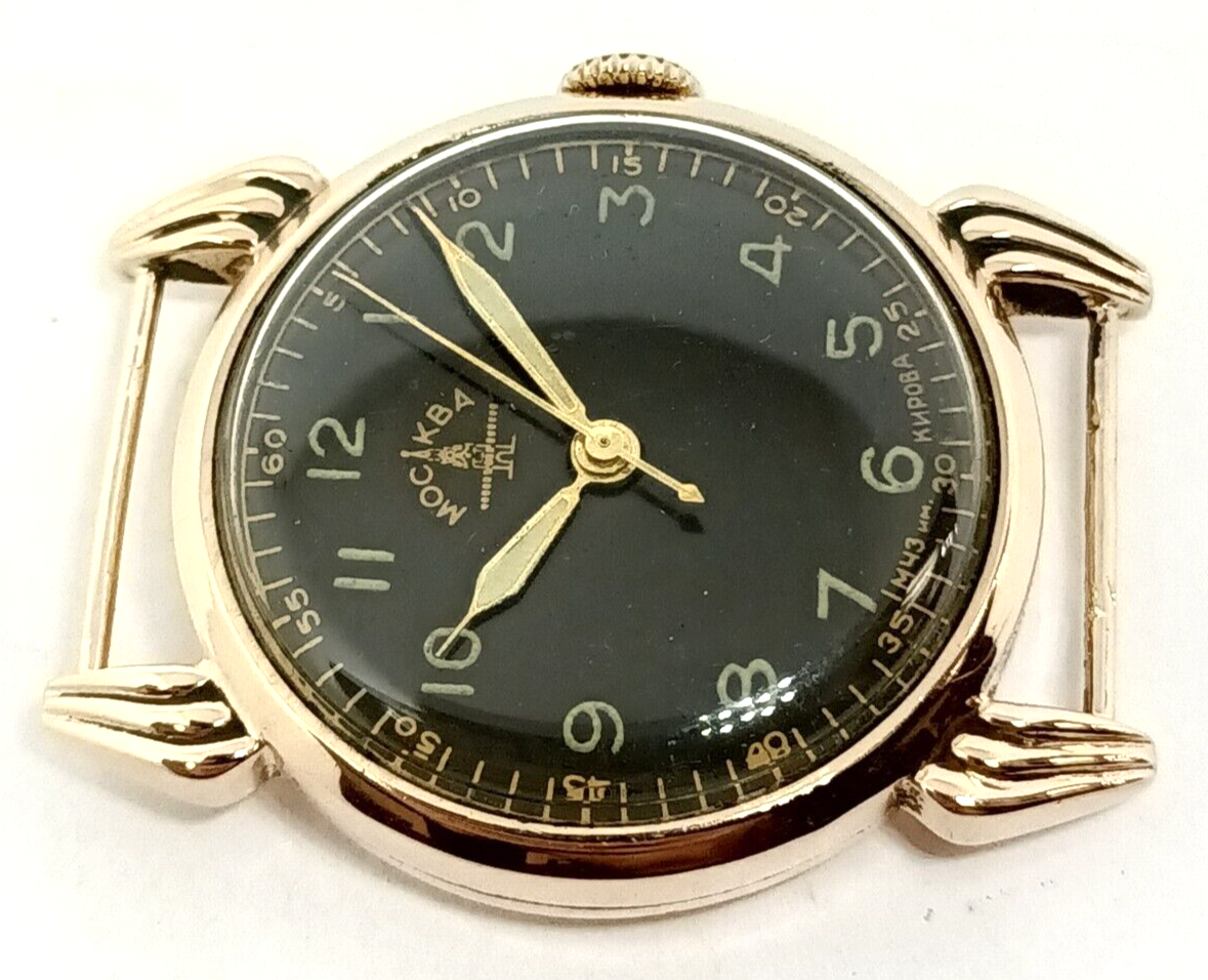 1950's Vintage Soviet Russia MOCKBA 14k Rose Gold Watch W/ Black Radium Dial