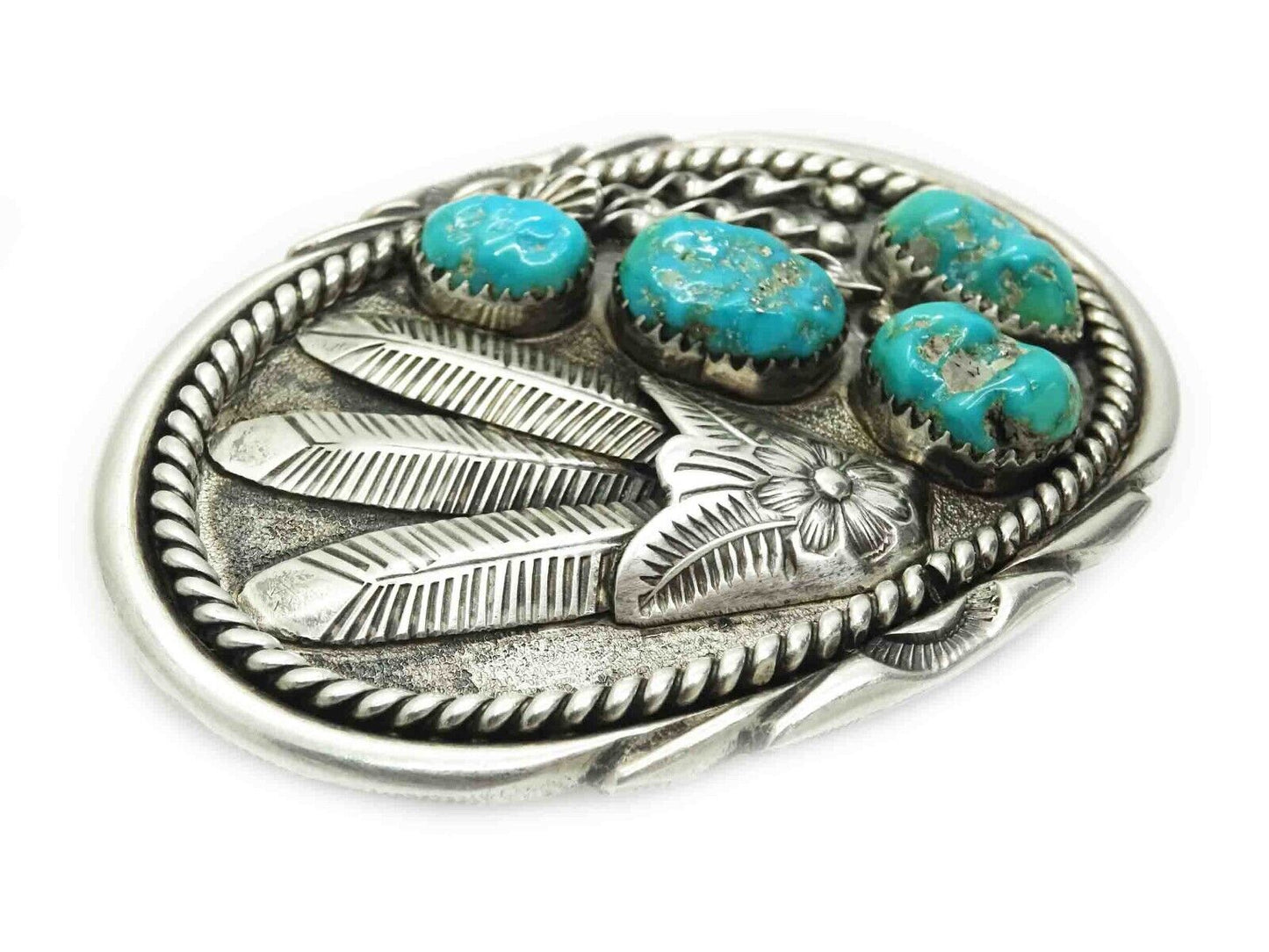 Native American Turquoise Nugget Feather Design Belt Buckle Sterling Silver