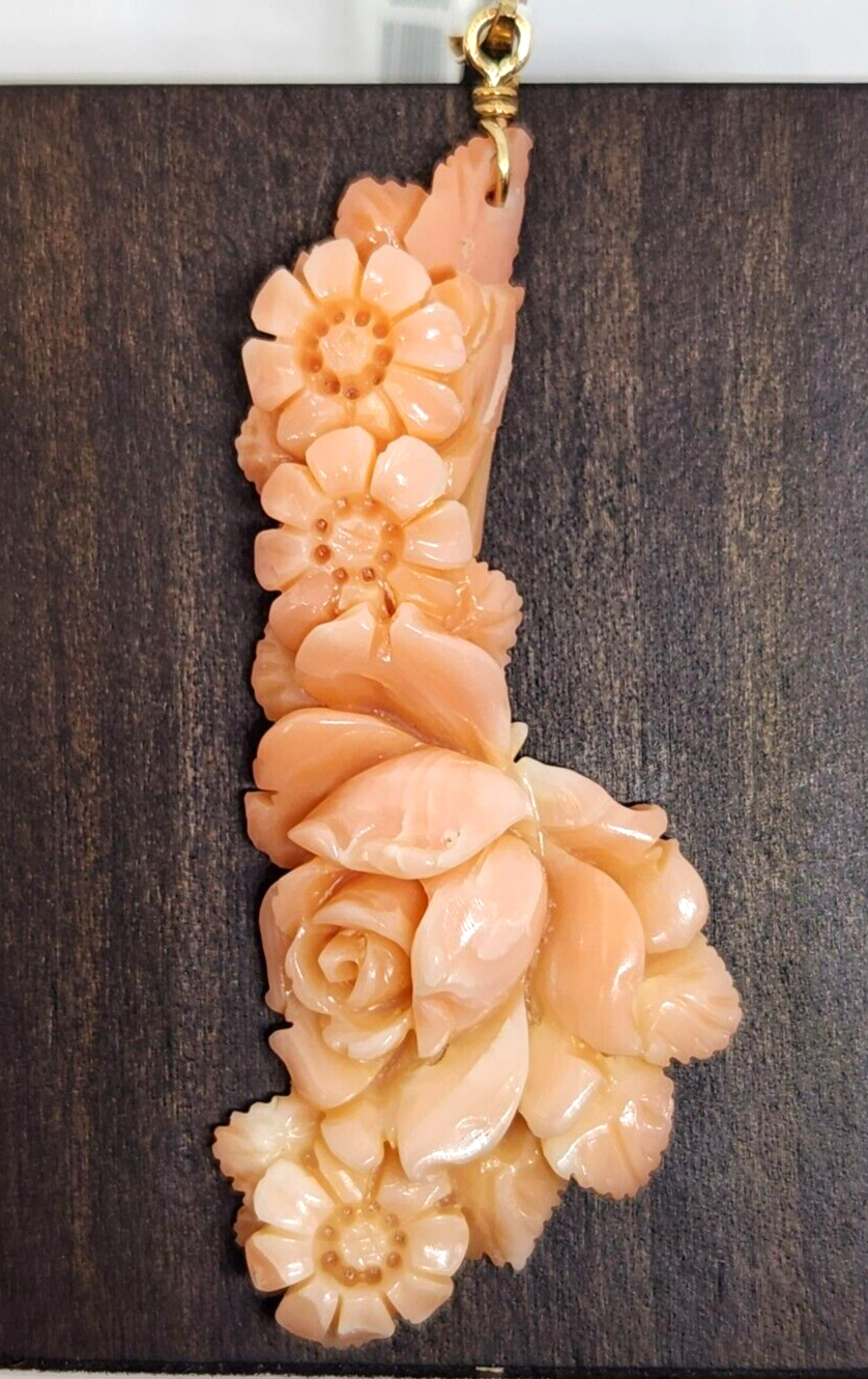 Carved Floral Angel Skin Coral 14k Gold Pendant 2.5" Long