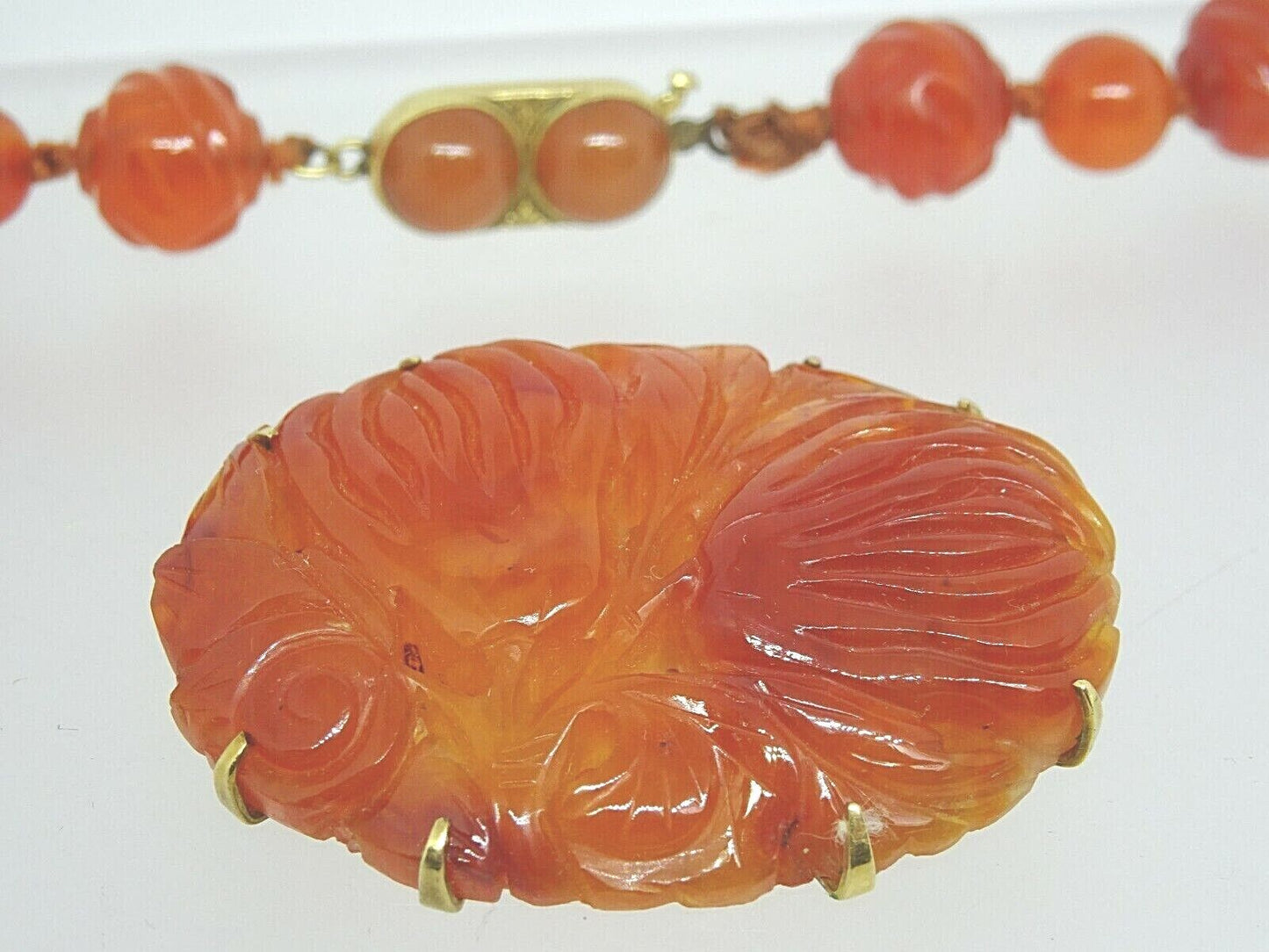 Vintage Carnelian Hand Knotted Carved Bead Necklace & Brooch Set 14k Gold Clasp