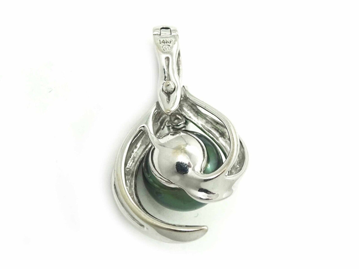 11mm Wide Natural Tahitian Black Pearl Freeform Swirl Pendant 10k White Gold