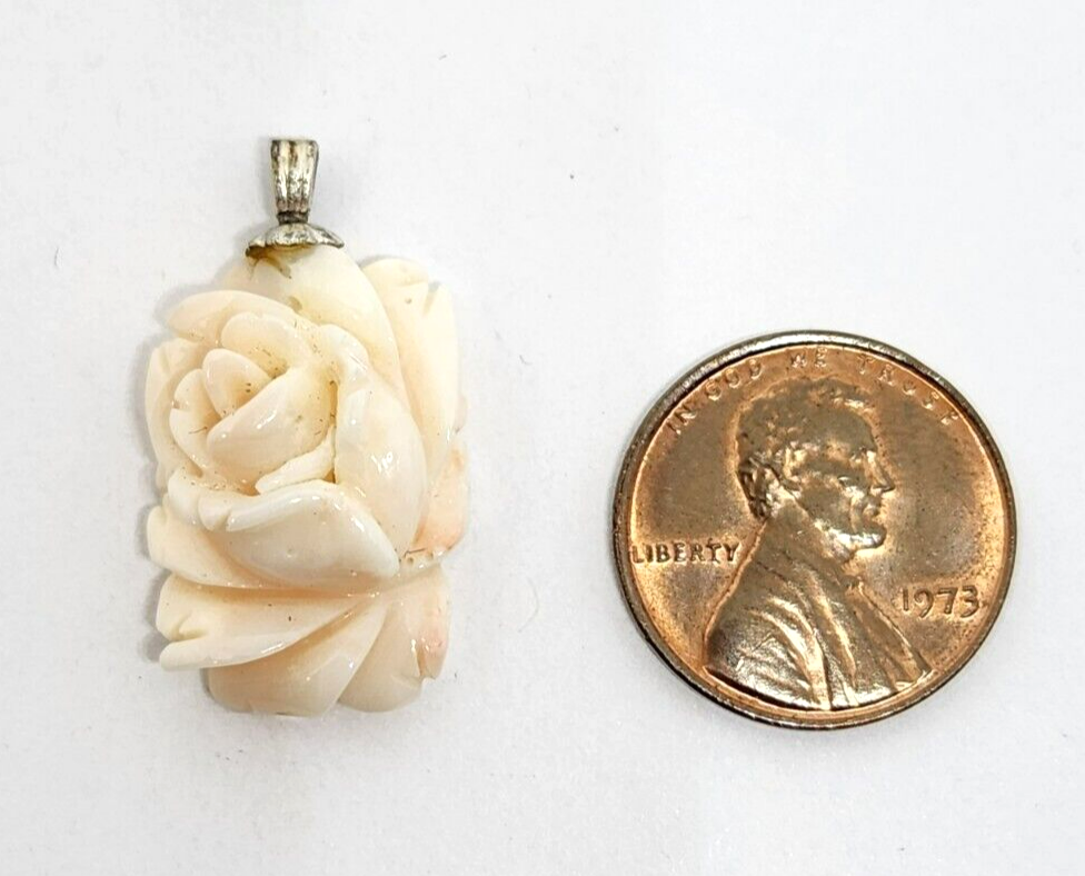 Carved Floral Angel Skin Coral Sterling Silver Pendant 1" Long