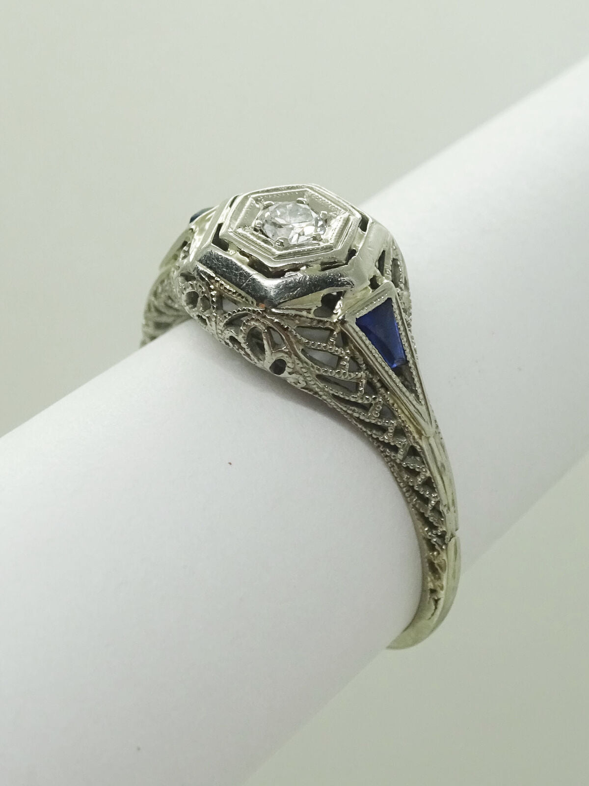 Edwardian Platinum Diamond & Sapphire Filigree Ring Size 7.5