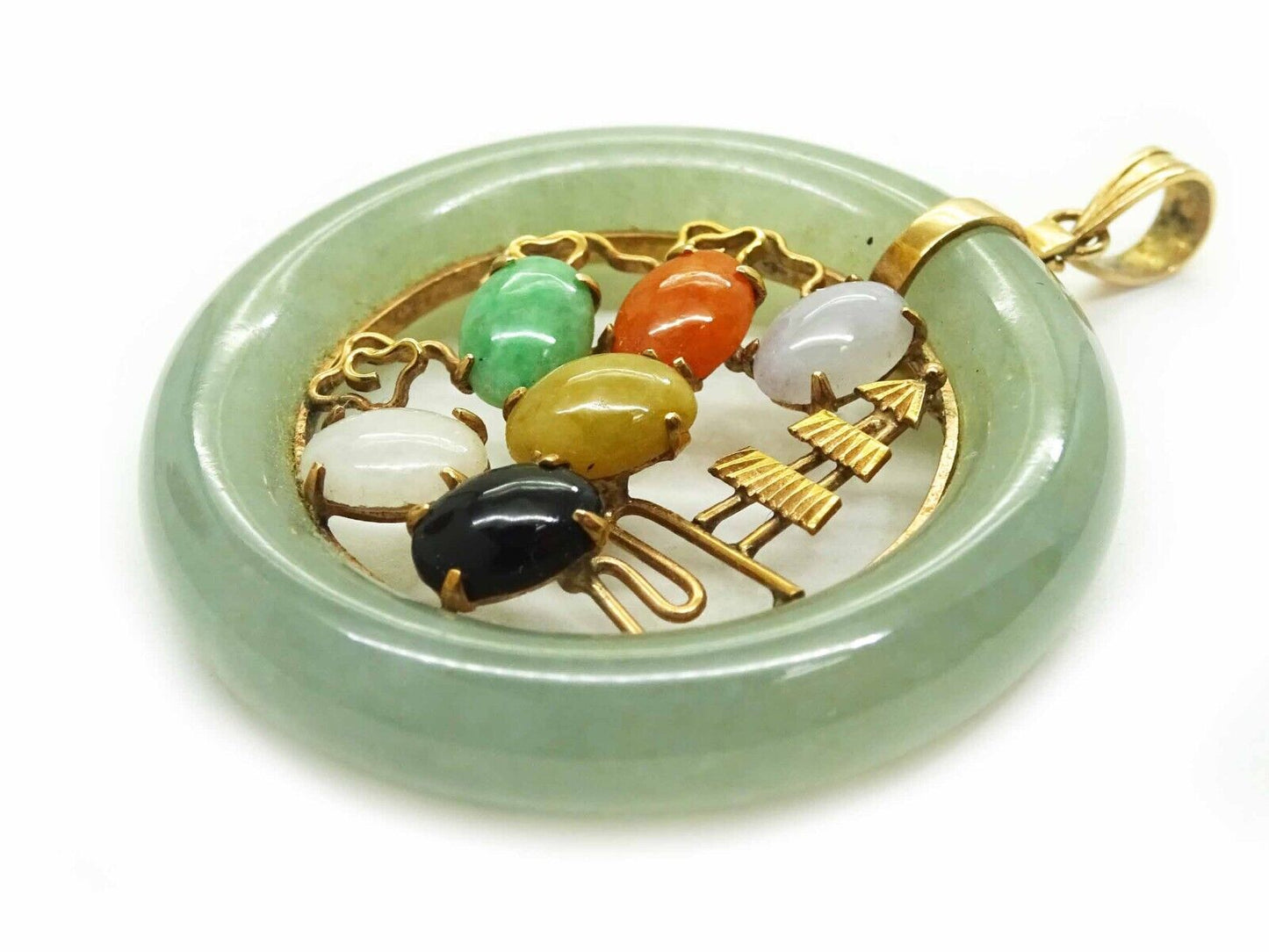 Multicolor Jade Round Filigree Bezel Pendant 14k Gold