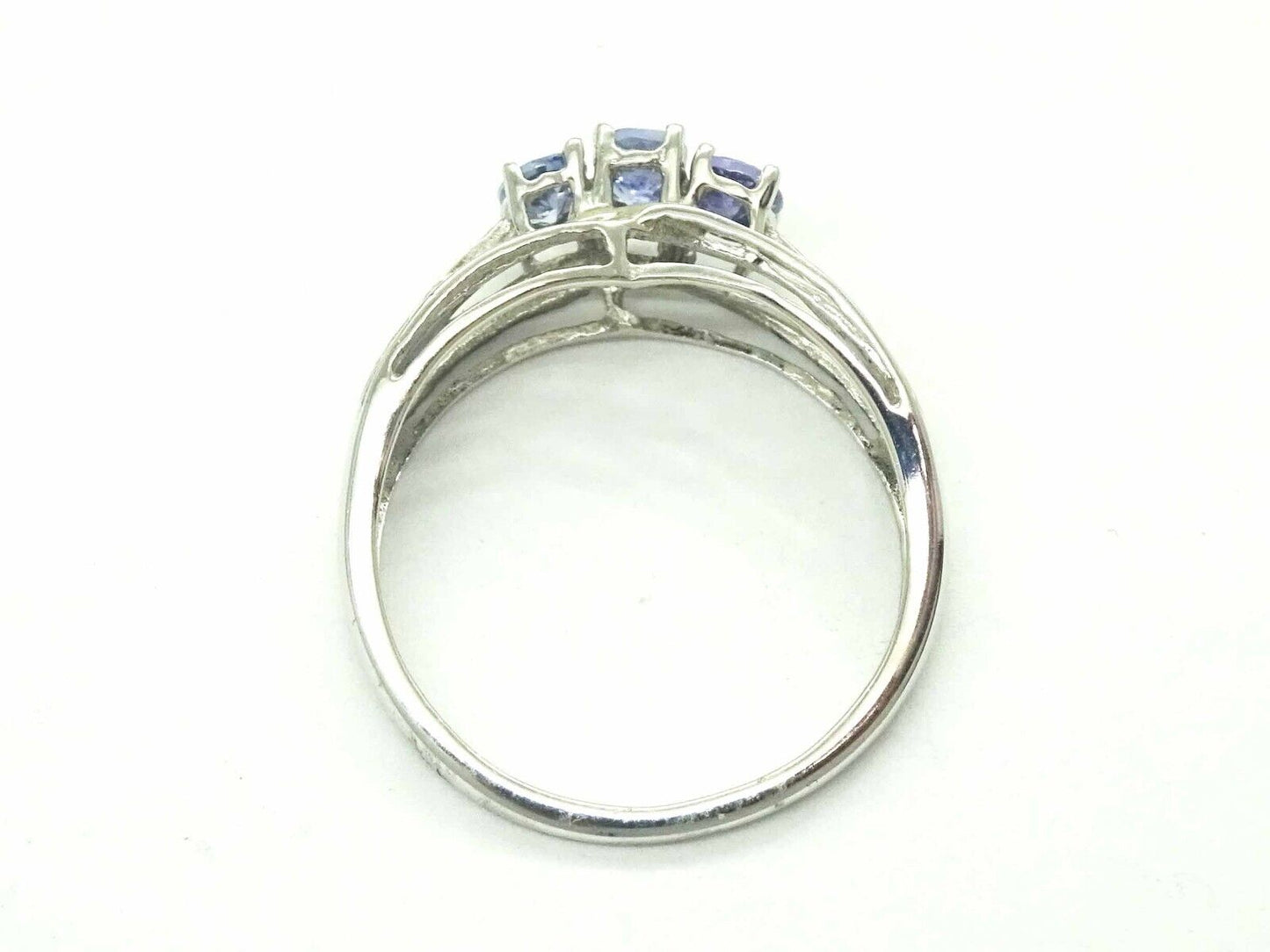 3-Stone Natural Blue Amethyst & Diamond Filigree Ring 10k White Gold Size 7