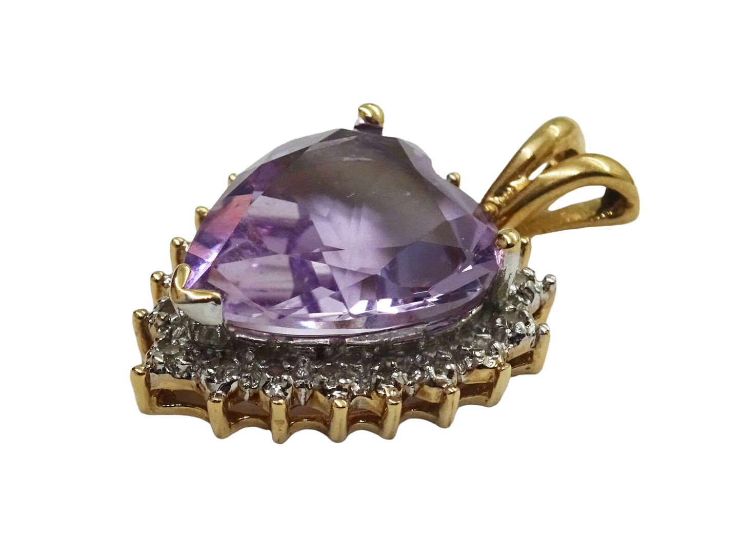 Natural Heart Amethyst & Diamond Open Heart Pendant 10k Gold