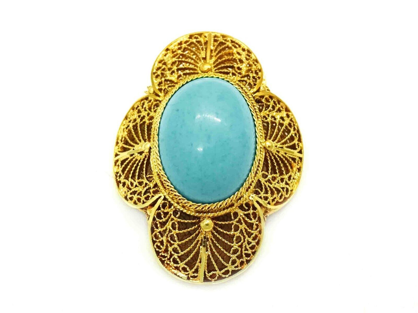 Natural Robin's Egg Blue Oval Turquoise Cabochon Filigree Pendant 14k Gold