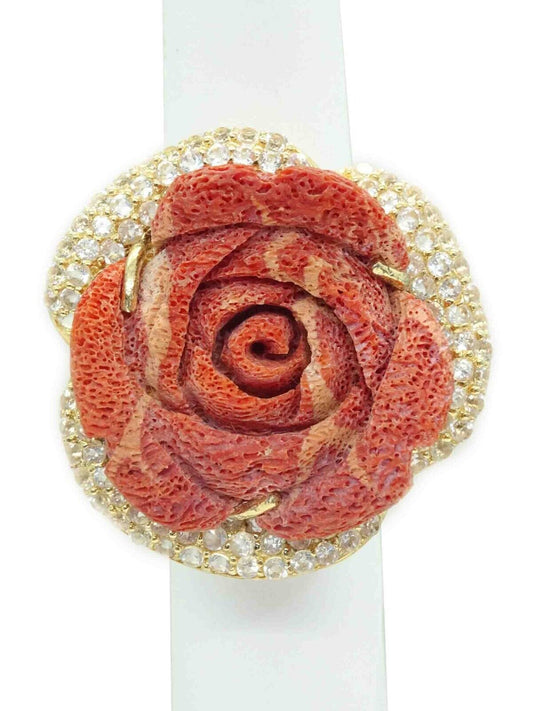 Estate Hand Carved Oxblood Red Coral & White Topaz Sterling Vermeil Ring Size 8