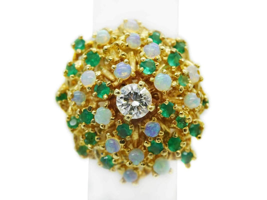 1.7ctw Natural Emerald Opal & Diamond Cluster Filigree Dome Ring 14k Gold Size 4