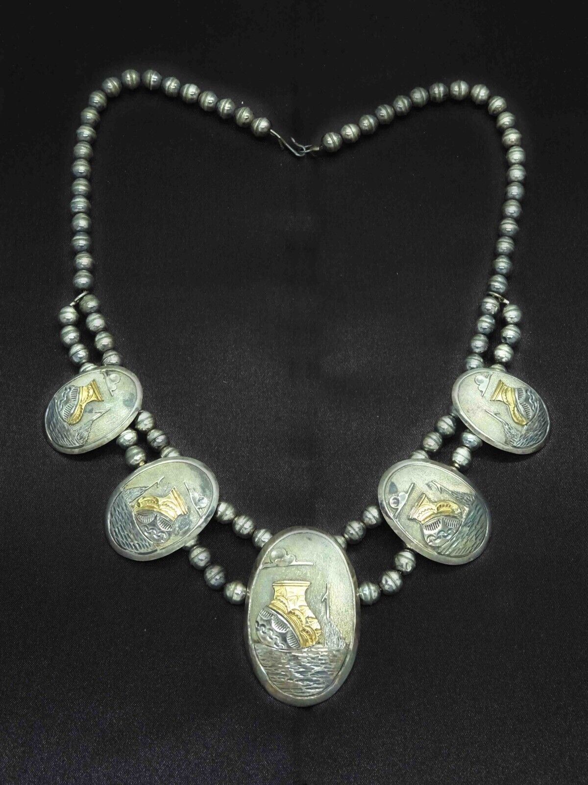 Vintage Artisan Sterling Silver Bead Necklace Pottery Art Engraved Discs Signed