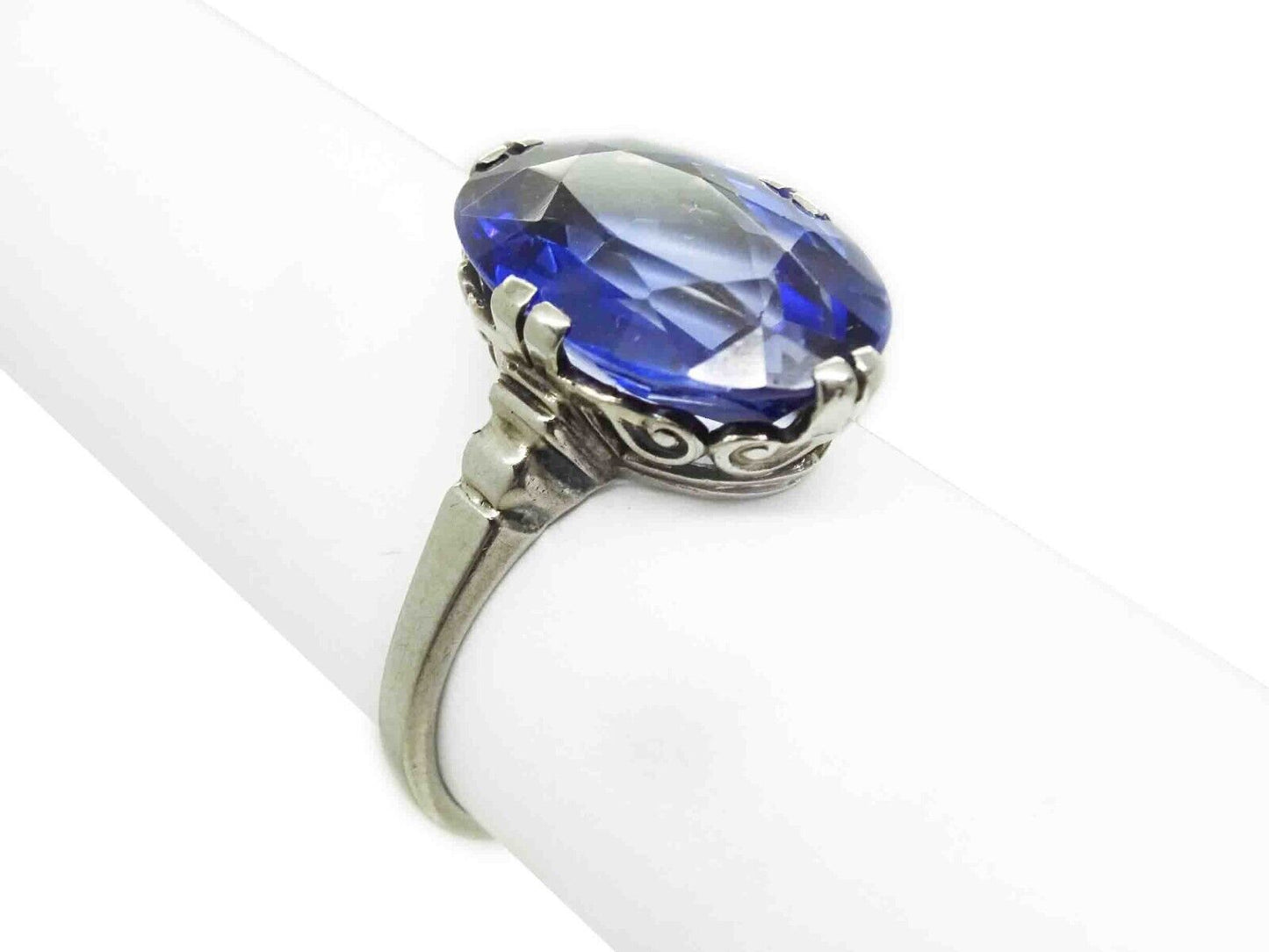 Victorian Lab-Created Synthetic Sapphire Filigree Ring 14k White Gold Size 6.25