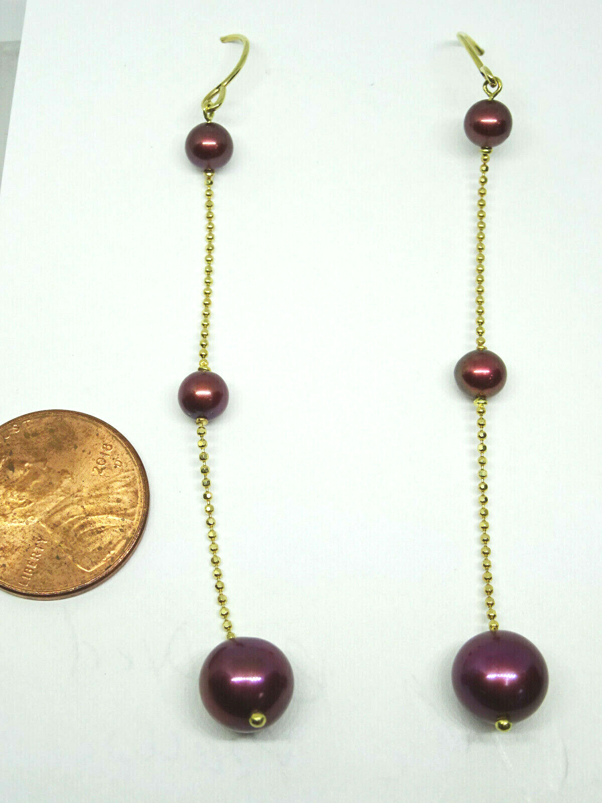 Red Dyed Pearl Dangle Earrings 10K Gold 3" Long