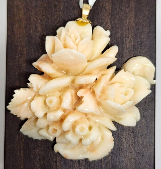 Carved Floral Angel Skin Coral Gold Filled Pendant 1.75" Long