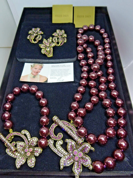 New HEIDI DAUS Floral Necklace Bracelet Earrings Ring, 4 Piece Set, Aubergine