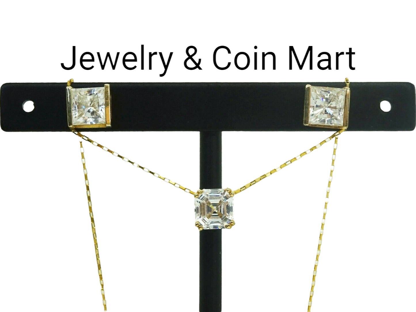 Emerald-Cut White CZ Pendant Box Chain Necklace & Earrings Set 14k Gold