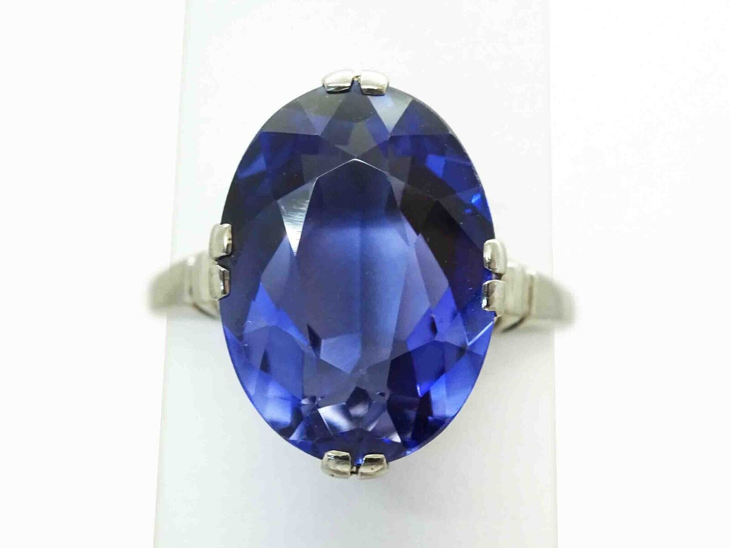 Victorian Lab-Created Synthetic Sapphire Filigree Ring 14k White Gold Size 6.25