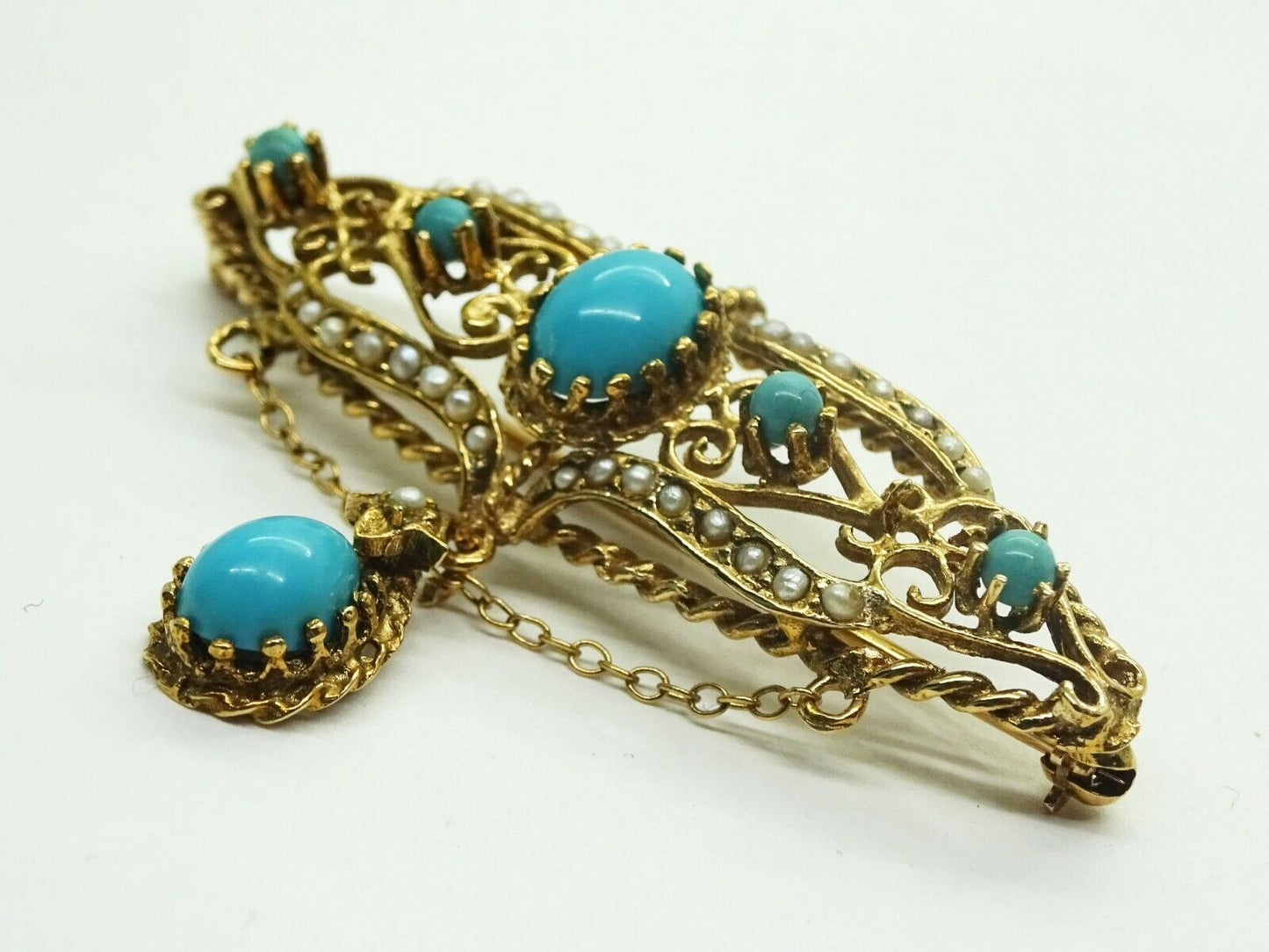 Robin's Egg Blue Persian Turquoise & Seed Pearl Dangle Filigree Brooch 14k Gold