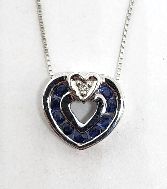 14k White Gold Sapphire & Diamond Heart Pendant W/ 14k Gold Box Chain, 23'' Long