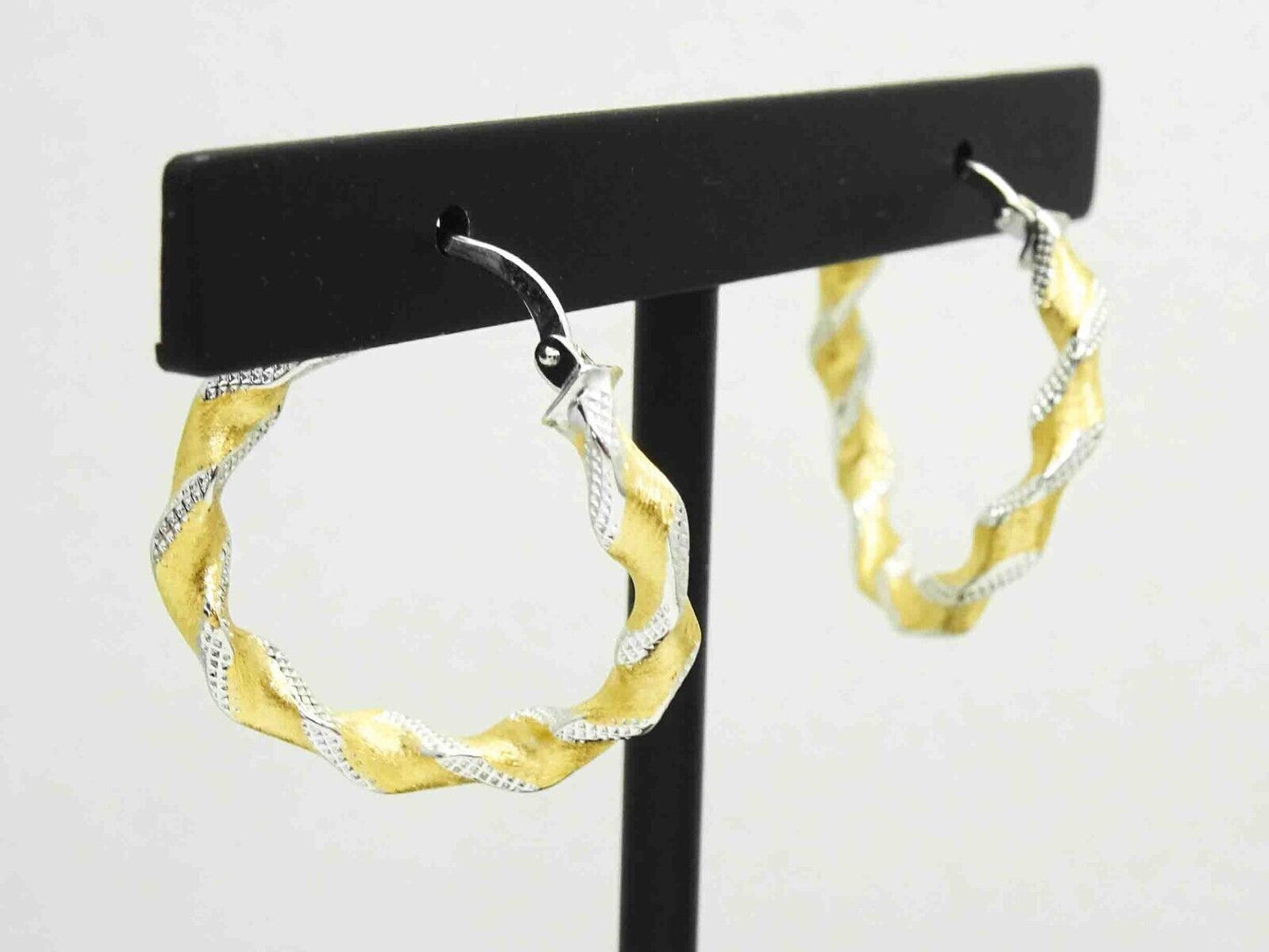 Italian Two-Tone Dia-Cut Twist Hoop Earrings 18k Yellow & White Gold