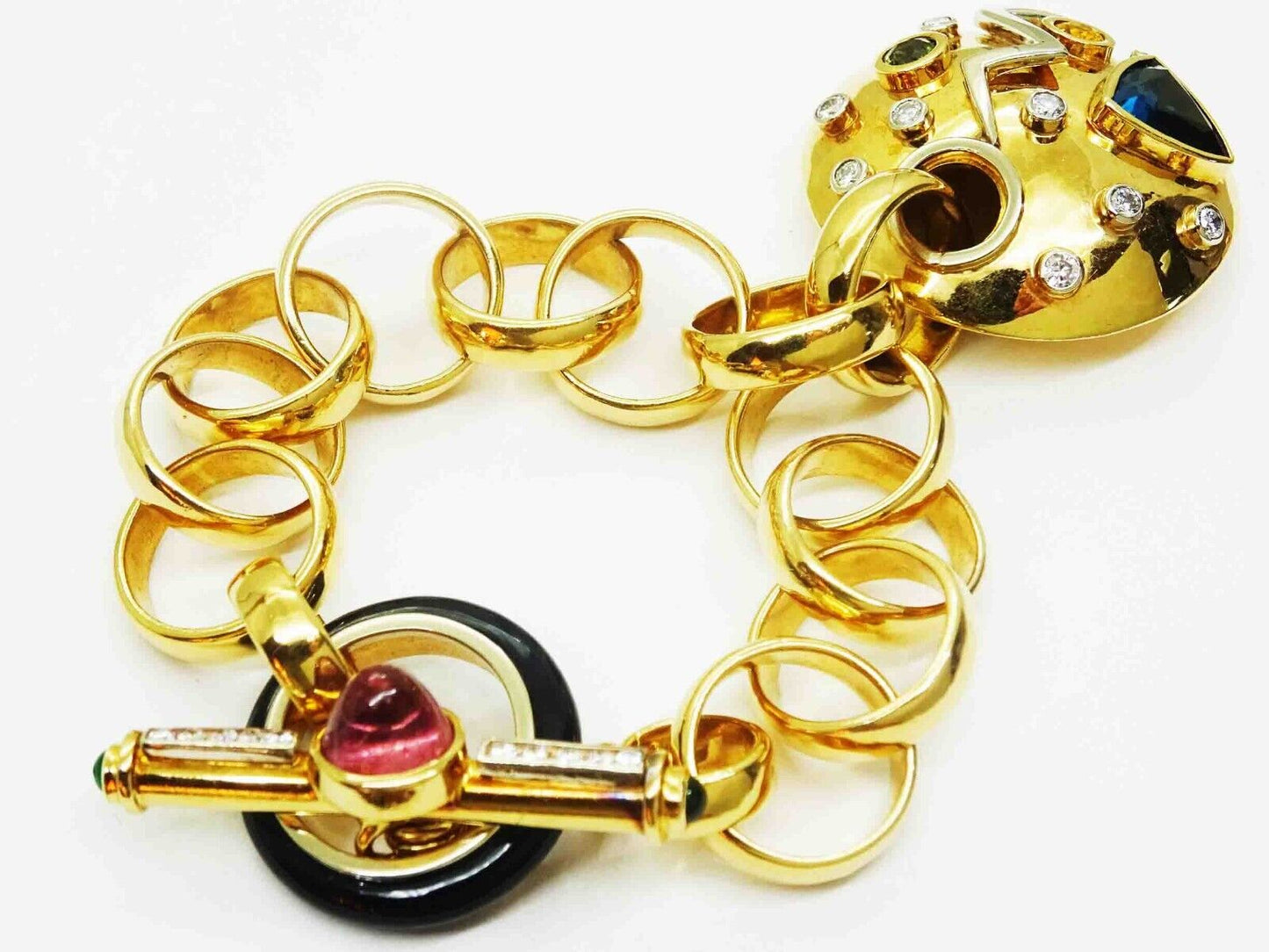 5.32ct tw Natural Multi Gem Round Dangle Rolo Link Toggle Bracelet 18k Gold