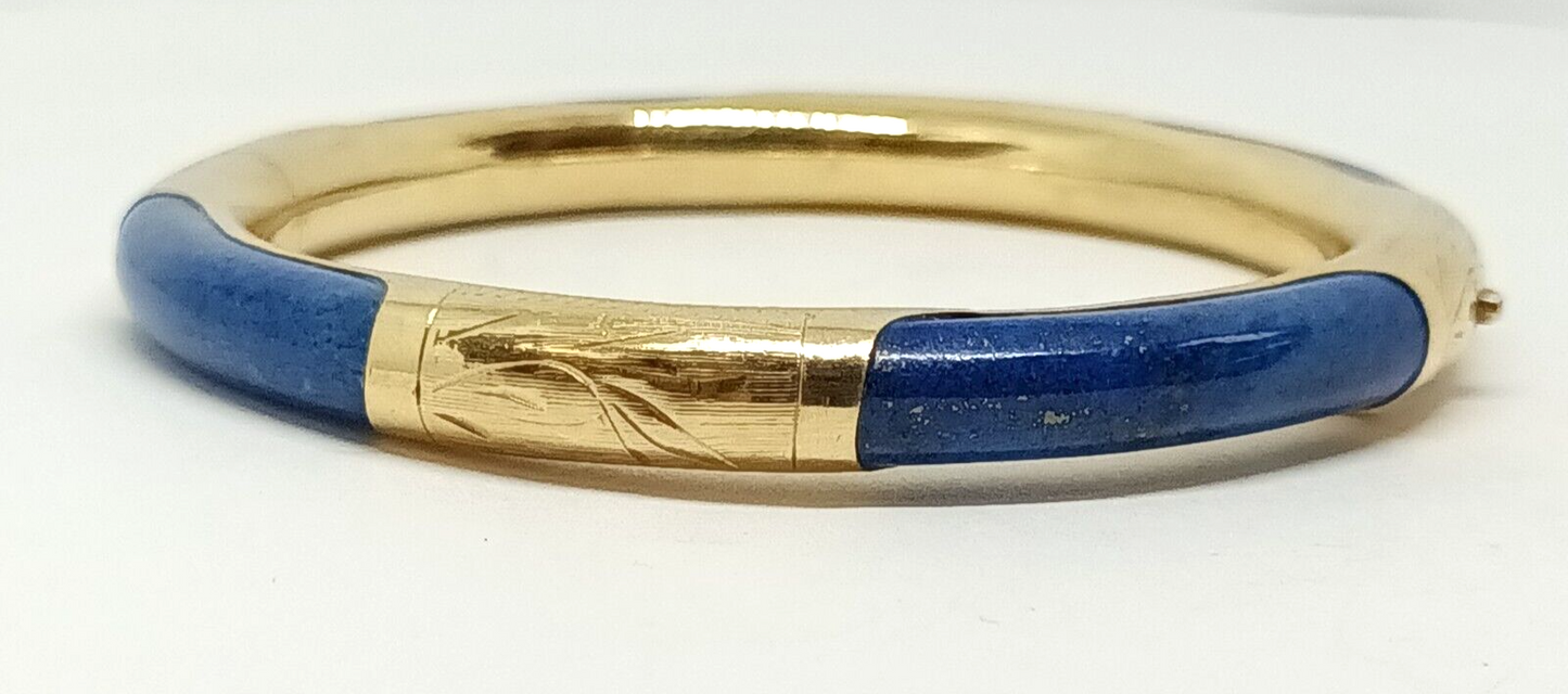 Vintage 14k Yellow Gold Lapis Lazuli Bangle Bracelet W/ Chain