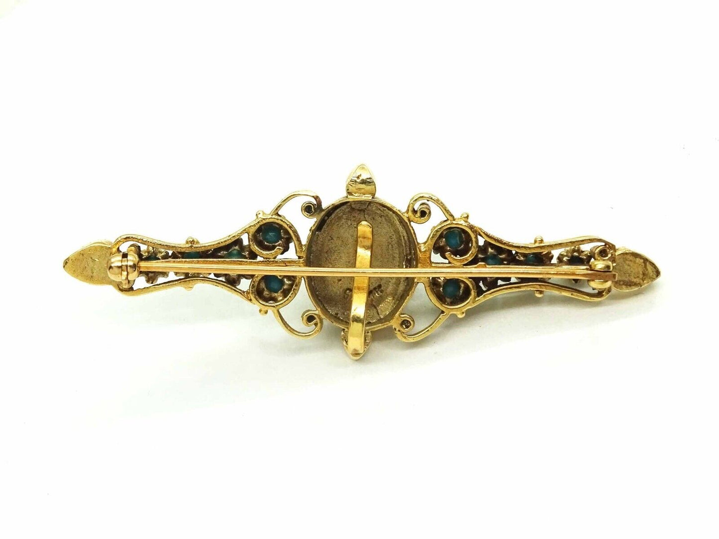 Antique Natural Garnet & Turquoise Watch Holder Brooch Pin 14k Gold Signed SB