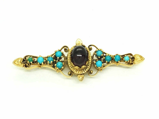 Antique Natural Garnet & Turquoise Watch Holder Brooch Pin 14k Gold Signed SB