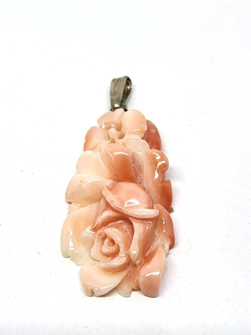 Carved Floral Angel Skin Coral Sterling Silver Pendant 1.25" Long