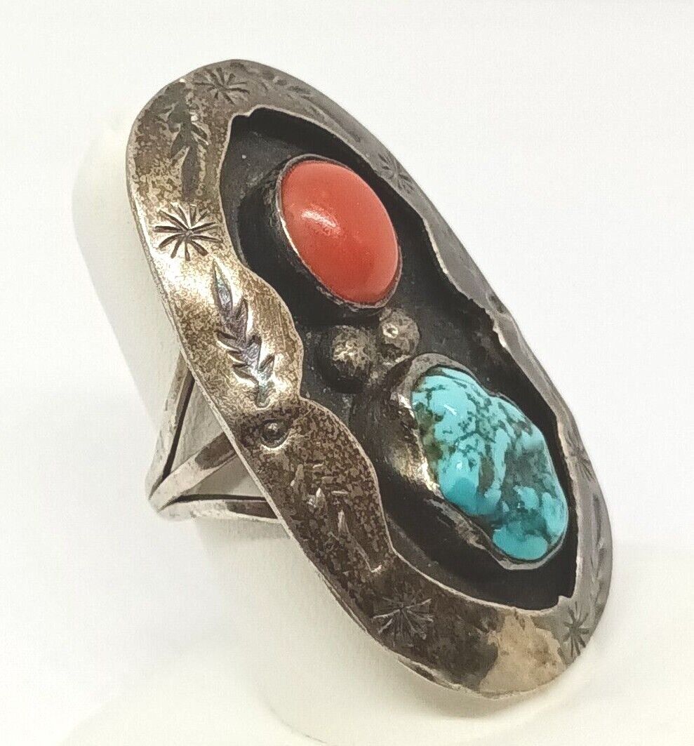 Native American Navajo Sterling Spiderweb Turquoise & Coral Ring, Signed PVC