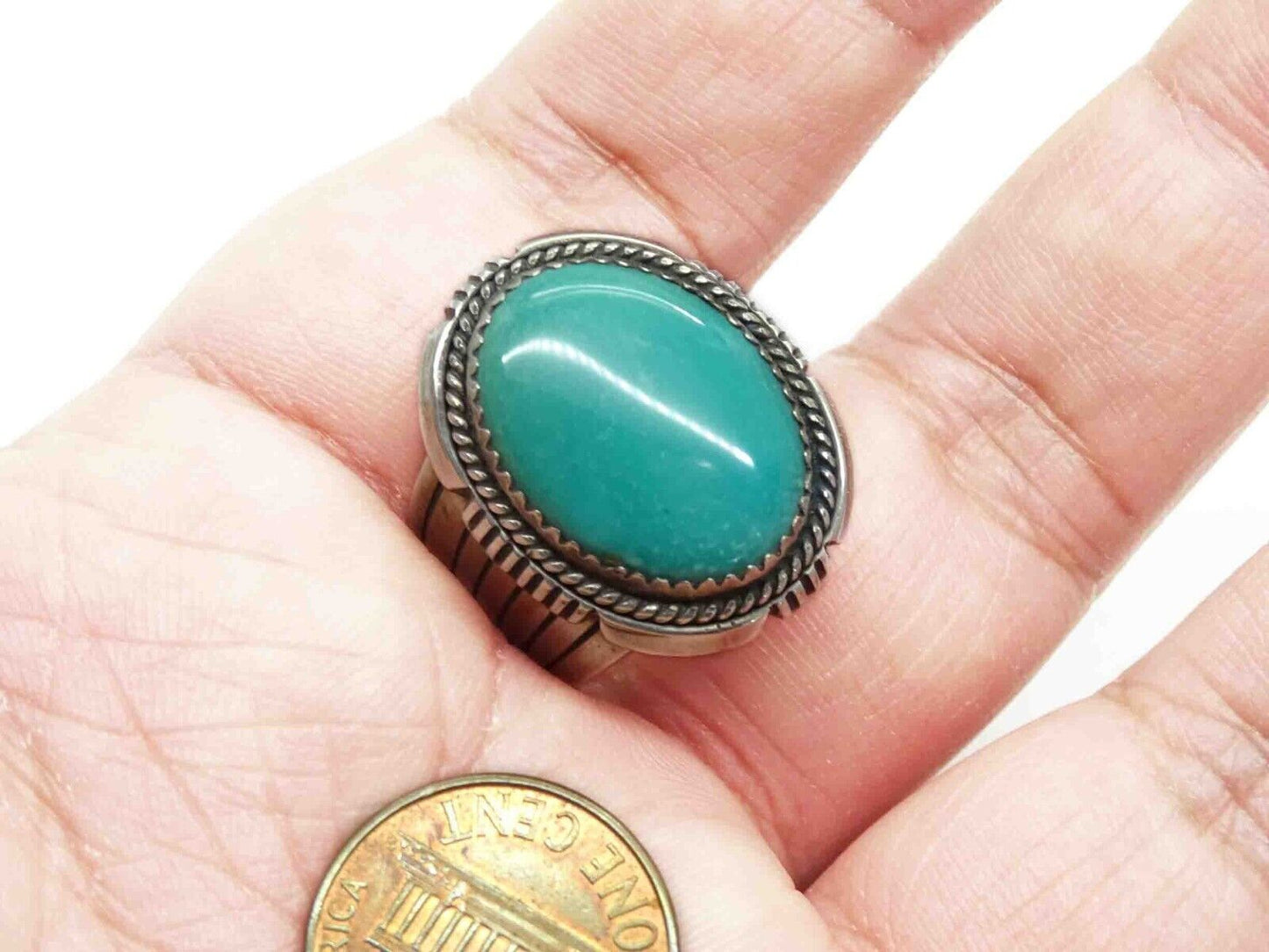 Navajo Artisan Denetdale Oval Turquoise Cabochon Ring Sterling Silver Size 9.5