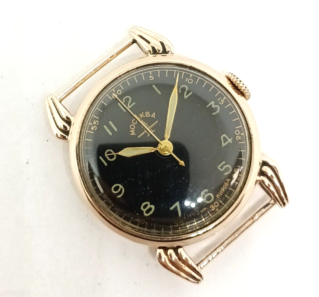 1950's Vintage Soviet Russia MOCKBA 14k Rose Gold Watch W/ Black Radium Dial