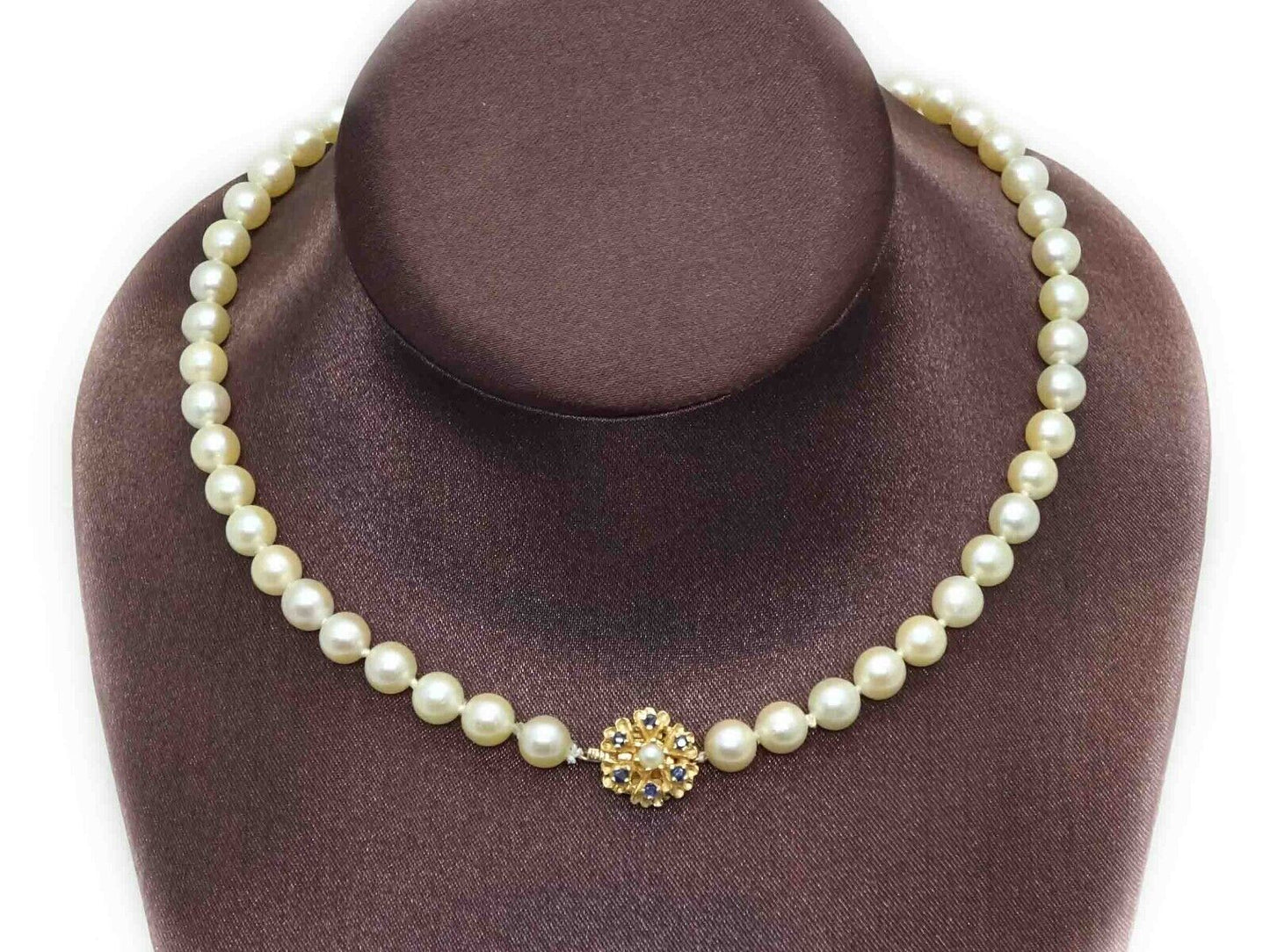 7mm Wide Pearl Necklace 16'' with 14k Sapphire Clasp