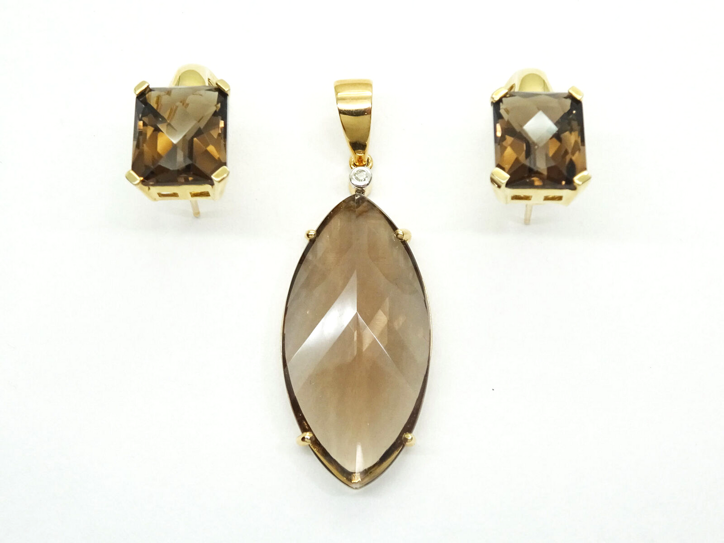 9ct tw Fantasy Cut Smoky Topaz Pendant Earrings Suite Set 10k Gold