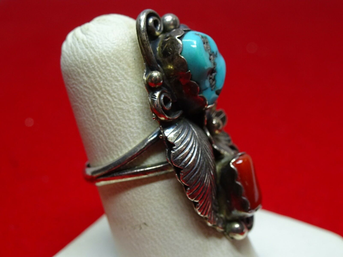 Old Pawn Native American Navajo Sterling Silver Turquoise Coral Ring, Angela Lee